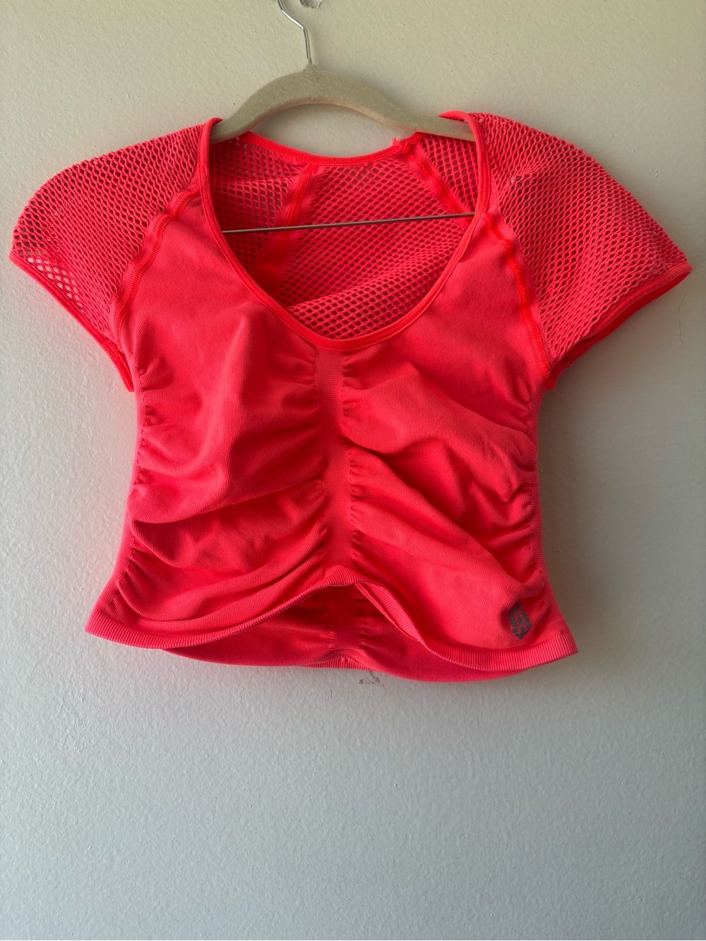 Free People Neon Coral Ruched Mesh Sleeve Crop Top